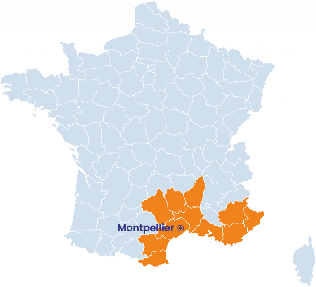Carte de la France avec les zones d'intervention en orange de l'entreprise photovoltaïque Montpellier, E Sky Solar.